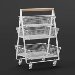 Detailed 3D Blender model of a white kitchen trolley with three mesh storage baskets and wheels.