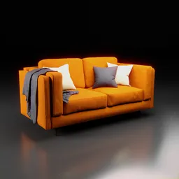 High-quality 3D model of a mid-century velvety gold sofa with pillows and throw, ideal for Blender rendering.