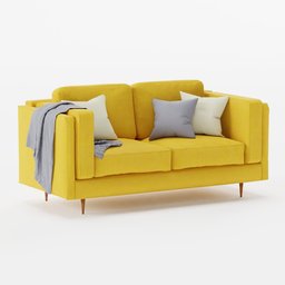 High-quality 3D model of a mid-century velvety gold sofa with pillows and throw, ideal for Blender rendering.