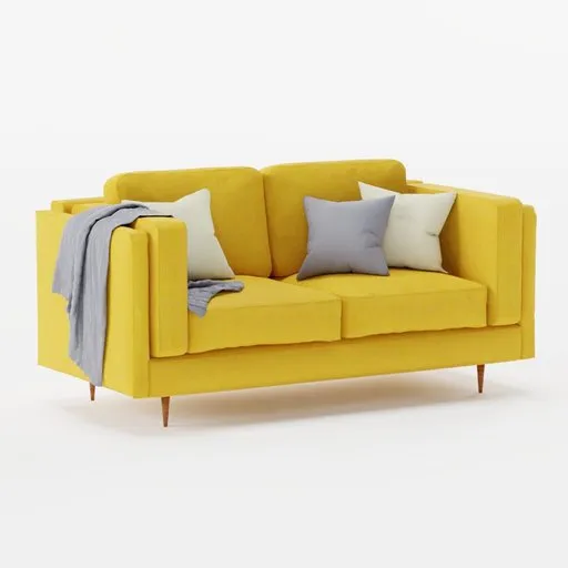 High-quality 3D model of a mid-century velvety gold sofa with pillows and throw, ideal for Blender rendering.