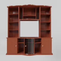 "Vintage wooden entertainment center for the bedroom, featuring a 90s-style TV stand and bookshelf. Perfect for use with Blender 3D, this 3D model includes cabinets and wine red trim. High-quality 10k resolution and disassembled parts available for use in CAD, CAM, and CAE."