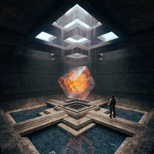 3D-rendered ancient temple interior with glowing artifact and intricate architecture modeled in Blender.