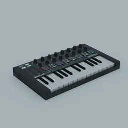 "Arturia mk2 MIDI controller and drum machine in black color. Isometric 3D render created with Blender 3D software. Perfect for audio production and music making."