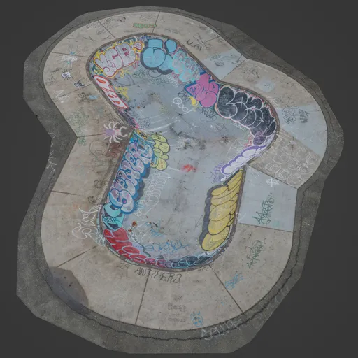 Detailed 3D model of a graffiti-covered skate park, ideal for Blender 3D sports scene renderings.