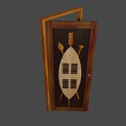 "Zulu Shield Door 3D model for Blender 3D software. Wooden door with a unique paddle and board design, inspired by Breyten Breytenbach's African arts. Features energy shield, diode lighting, and kitchen-inspired elements."