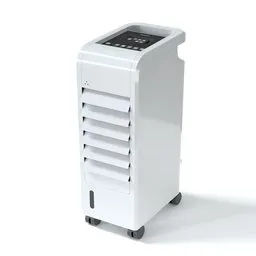 Realistic 3D model rendering of a white, portable air conditioner for Blender 3D projects.