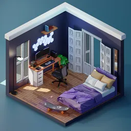 Detailed isometric 3D bedroom model with furniture and decor, ideal for creative Blender projects.