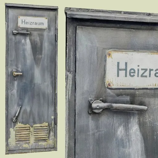 Realistic 3D Blender model of an industrial steel door with "Heizraum" sign, detailed textures, optimized for game design.