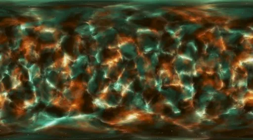 Vibrant space HDRI with orange and teal nebula textures for realistic lighting in 3D scenes.