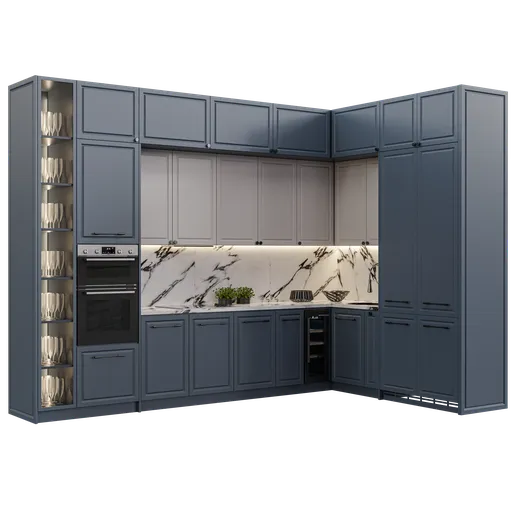 Detailed neoclassical kitchen 3D model with modern appliances, created in Blender, showcasing centimeter-accurate design and realistic textures for cycles render.
