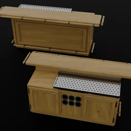 "3D model of a versatile restaurant bar with a wooden design, metal grill, and kitchen counter. Inspired by Kawai Gyokudō and designed by eliot kohek, this Blender 3D model features the ability to accommodate various purposes such as a coffee bar, beer bar, or juice bar. Includes a bottle nest, fridges, and a sleek design ideal for commercial spaces."
