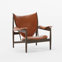 "Blender 3D model of the Finn Juhl designed Chieftain Chair. Featuring a leather seat and wooden frame, this hyperrealistic furniture model captures the highly defined features and angular jawline of the original design."