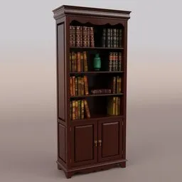 Detailed mahogany victorian-style 3D bookshelf with intricate cupboard carvings, old books, and a green vase for Blender.