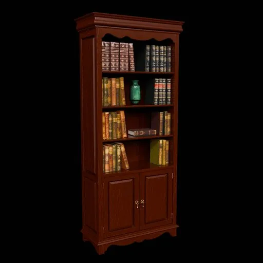 Detailed mahogany victorian-style 3D bookshelf with intricate cupboard carvings, old books, and a green vase for Blender.
