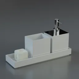 "White solid surface soap dispenser and dish on a tray, 3D model for Blender 3D. Perfect for keeping your bathroom clean and organized. Designed by RIFRA."
