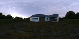 Panoramic 12K HDR image of a house with green lawn, trimmed hedges, and purple flowers for realistic scene lighting.