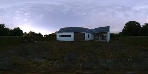Panoramic 12K HDR image of a house with green lawn, trimmed hedges, and purple flowers for realistic scene lighting.