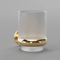 High-quality 3D rendering of a modern frosted glass cup holder with gold accents, designed for Blender rendering.
