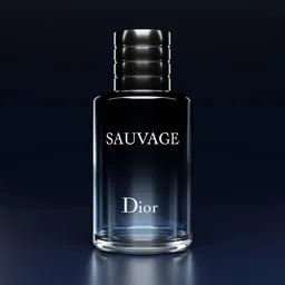 "Highly detailed 3D model of the Dior Sauvage perfume bottle on a table, featuring a man in a dark blue full body suit. This Blender 3D creation captures the rugged and masculine essence of the fragrance, combining studio-quality product visualization with a grainy and deviant aesthetic."