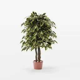 "Artificial tree Ficus 110 cm - A detailed 3D model for Blender 3D, resembling a potted plant with a green and yellow leafy tree. This versatile model allows for easy modifications such as rotating or deleting leaves to suit your scene. Created from linked copy objects and based on a real product, it offers a realistic and customizable solution for indoor nature scenes."