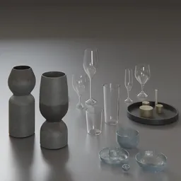 Realistic 3D render of various glassware and vases for Blender 3D visualization.