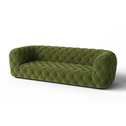 Detailed green 3D velvet chesterfield sofa model showcasing sophisticated buttoned upholstery suitable for Blender rendering.