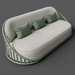 Realistic Blender 3D model showcasing textured outdoor sofa with three green pillows, using procedural materials.