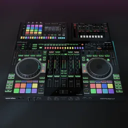 Detailed 3D model of a DJ mixer console with turntables, knobs, and pads, ideal for Blender rendering.