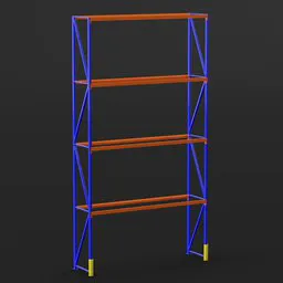 High-resolution industrial 3D warehouse pallet rack model, optimized for Blender, with blue vertical beams and orange shelves.