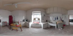 360-degree HDR panorama of a cozy, well-lit kitchen interior with modern appliances and a dining area.