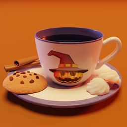 "Get ready for Halloween with this ultra-realistic 3D model of a Halloween coffee cup and cookie dessert, perfect to decorate your holiday season. Made with Blender 3D software, this model features a witch's hat, blocktober and Halloween-inspired art style, and cinematic lighting. A spooky addition to your 3D design collection!"