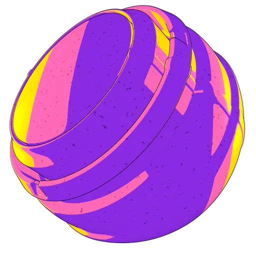 Vibrant purple and yellow non-photorealistic (NPR) PBR shader material for Blender 3D with procedural single-node setup.