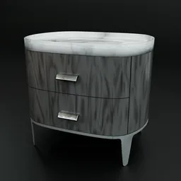 Curved 3D model of a wooden bedside table with a sleek marble texture top and modern handles, rendered in Blender.