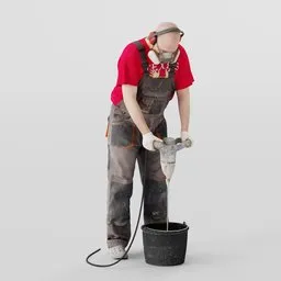 Realistic Blender 3D model of construction worker mixing cement with attention to detail in protective gear.