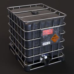 "Lowpoly black intermediate bulk container with 1000-liter capacity and two metal openings on pallet, ideal for industrial storage. Quality octane render in Blender 3D, suitable for asset sheets and character icons. Perfect for refining, storing cooking oil, olive oil or water."