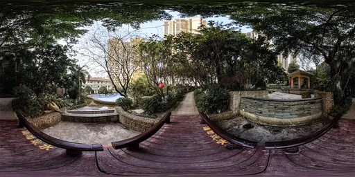 Scenic HDR lighting scene featuring a curved wooden bridge with lush foliage and urban backdrop for realistic environment rendering.