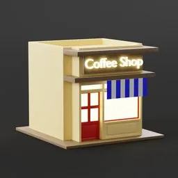 Detailed miniature coffee shop 3D model with awning, made for Blender, ideal for urban scenes.