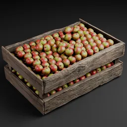 Detailed 3D model of a wooden crate filled with textured apples, ready for high-quality Blender renderings.