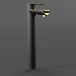 "Black and gold bathroom faucet for Blender 3D. This stunning high-tech model features a slender nose with a golden key design. Perfect for sinks and rendered with Vray for realistic results."