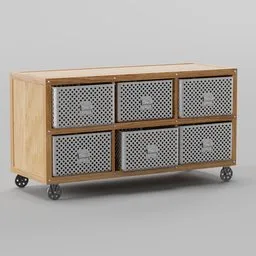 "Wooden storage shelf with metallic drawers and wheels, ideal for Blender 3D modeling. Four drawers and four baskets provide ample storage space. High quality texture rendering using Okatne, perfect for commercial and personal use."