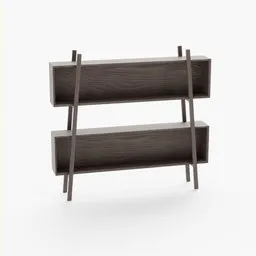 "Wood Box Shelves: A stylish shelving unit featuring two shelves on a simple stand, rendered in Vue with black and brown colors. This 3D model, inspired by constructivism style and created with Blender 3D, is perfect for adding a touch of elegance to your interior design projects."