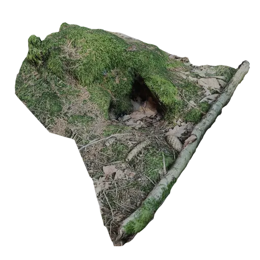 3D scanned burrow hole model with moss and debris for Blender, ideal for distant environment scenes.