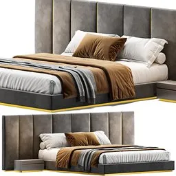 Alt text: "Luxurious Fendi Casa Delano Bed 3D model for Blender 3D. Rendered in cycles, with a grey and gold color palette, the bed features a headboard and footboard. Dimensions are 369 x 235 x 119H and it has 425.815 polys."