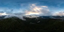 Aerial HDR panorama of sunset over lush mountains with moody clouds ideal for realistic 3D scene lighting.
