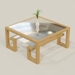 Realistic wooden coffee table 3D model with glass top and vase accessory for Blender rendering.