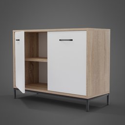"Modern white commode with metal legs and black handles, Blender 3D model. Large size with two opening doors for ample storage. Created by Jenő Gyárfás in 2019."