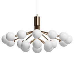"Midcentury modern chandelier designed by AL with a single solid body, featuring white and gold balls and circular face. Hyper-detailed and perfect as a pendant light for any home. Created using Blender 3D software."