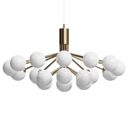 "Midcentury modern chandelier designed by AL with a single solid body, featuring white and gold balls and circular face. Hyper-detailed and perfect as a pendant light for any home. Created using Blender 3D software."