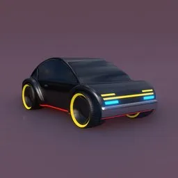 "3D model of a detailed concept toy car with a black body and yellow rim, inspired by Tron Legacy. Perfect for decoration with built-in lights, this mini statue is ideal for display on a tabletop or shelf. Created using Blender 3D software and rendered with Redshift Renderer."