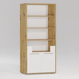 High-quality Blender 3D model of a wooden bookcase with white shelves and cabinets for interior design visualization.